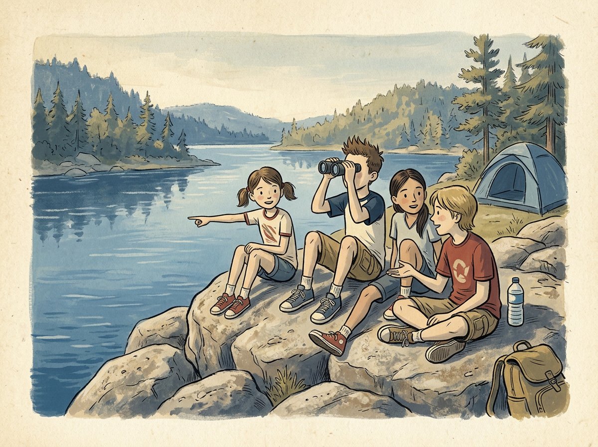 Fictionalized rendering — four kids above a lake, camping in August 2007